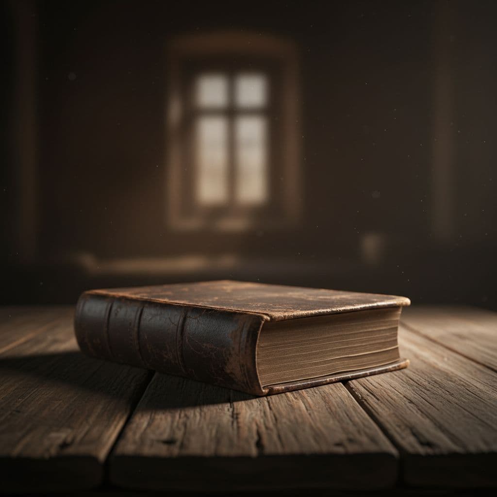 A worn, leather-bound Bible rests horizontally on a dark, rustic wooden table. Dramatic side light emphasizes the rough grain of the wood and the intricate texture of the aged leather cover.