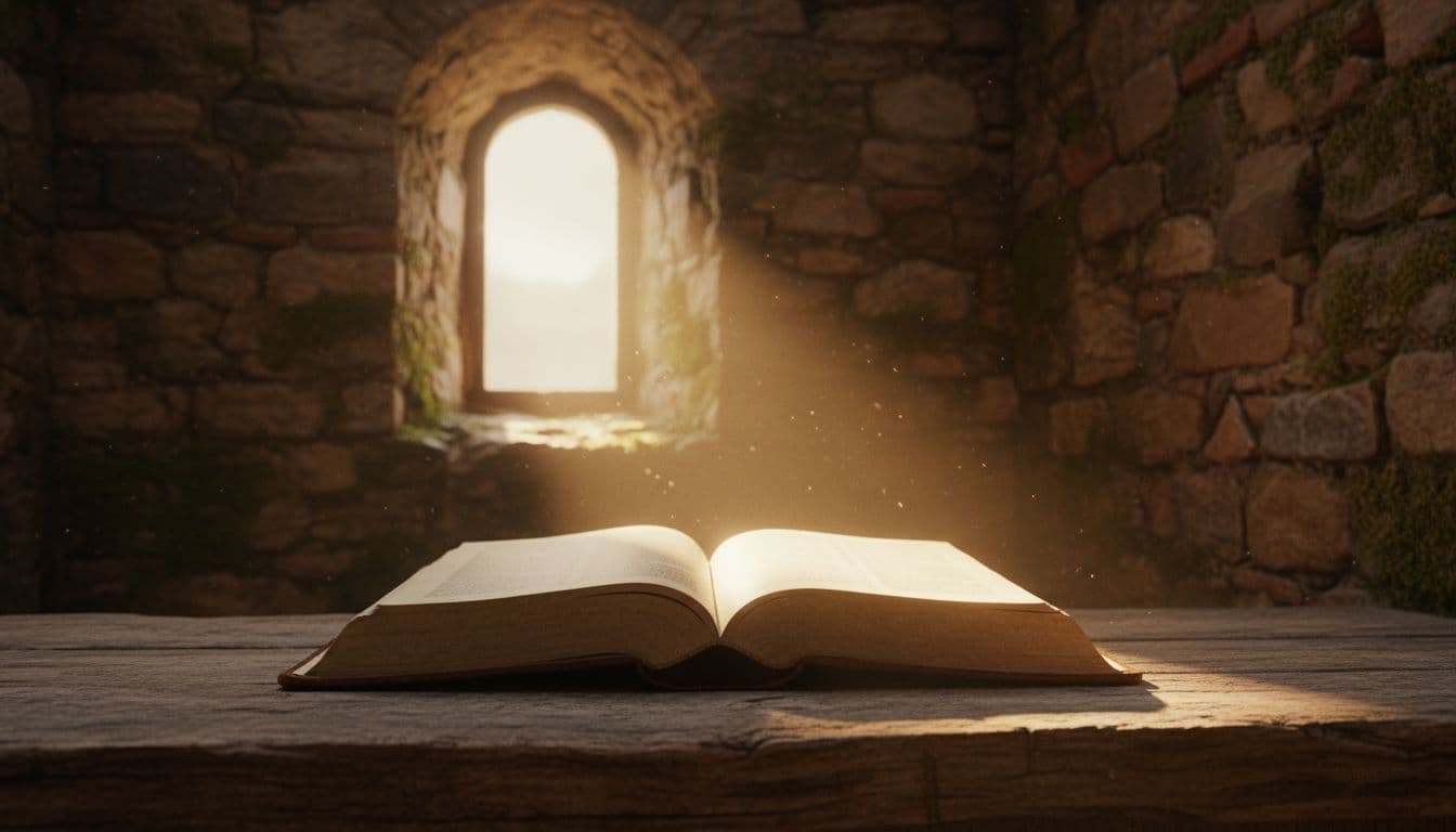 Open ancient Bible on rustic wooden surface in stone room, golden sunlight rays highlighting pages.