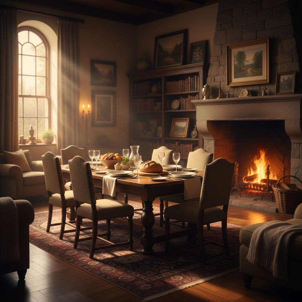 Golden sunlight illuminates a wooden dining table prepared for a meal in a cozy living space.