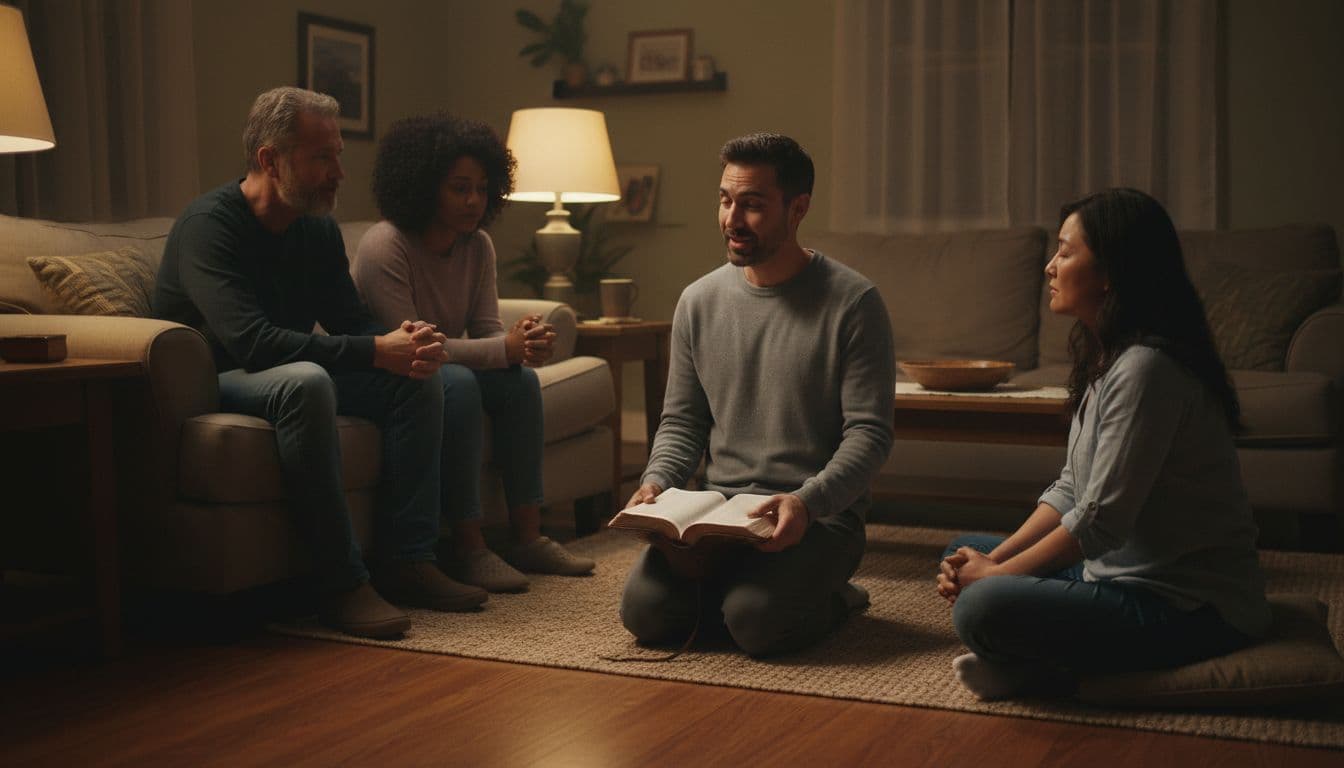 Four diverse Christians in modest living room; kneeling man with open Bible shares testimony as others listen with folded hands.