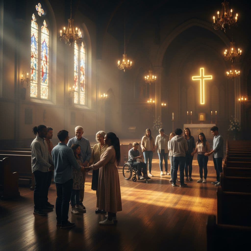 People stand in small circles conversing and praying within a warm, softly lit sanctuary.