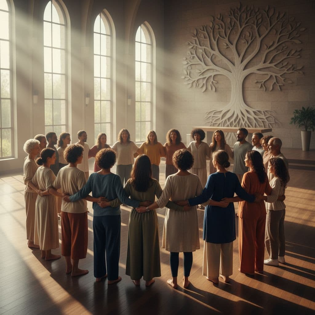 A diverse group of people stands closely together in a warm, light-filled space.