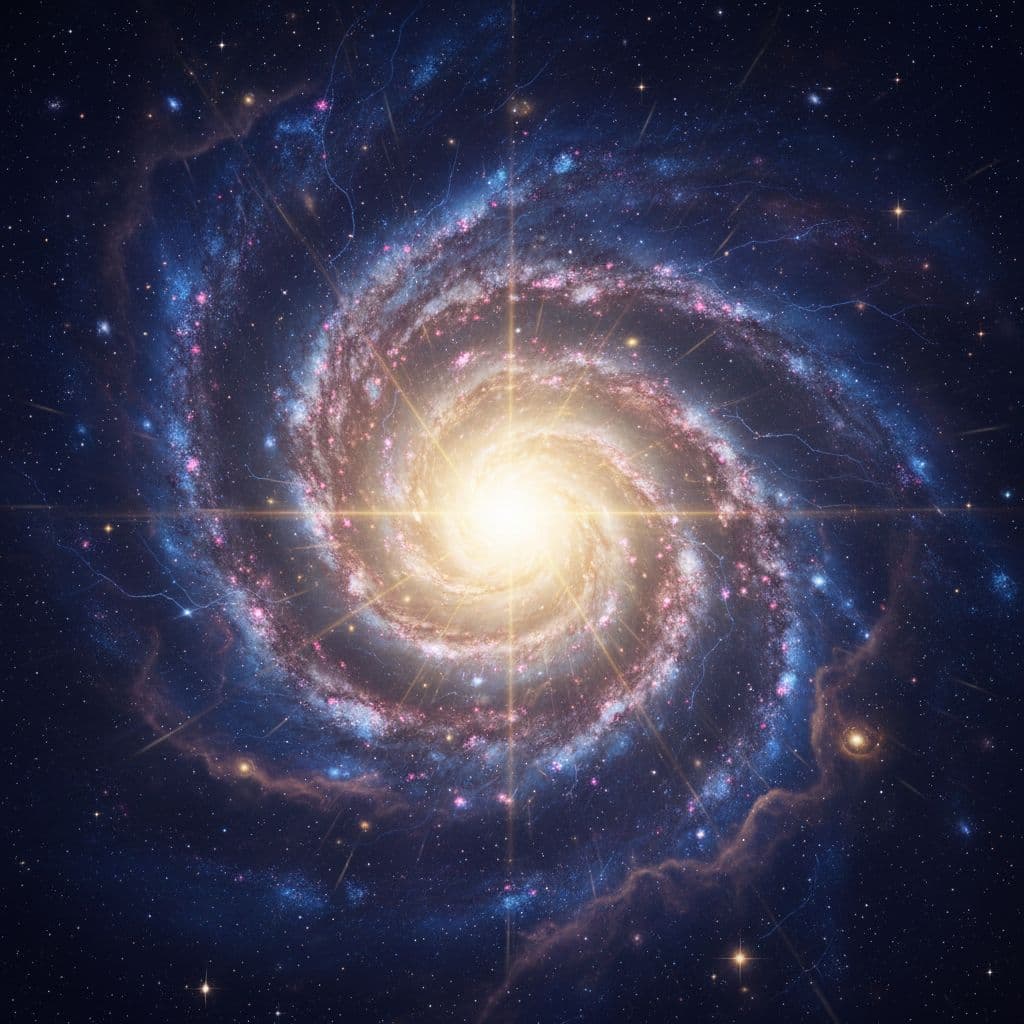 Deep space displays swirling clouds of royal blue and purple nebulae surrounding a radiant gold light. This brilliant central glow illuminates the vast cosmic void with immense power and divine intensity.