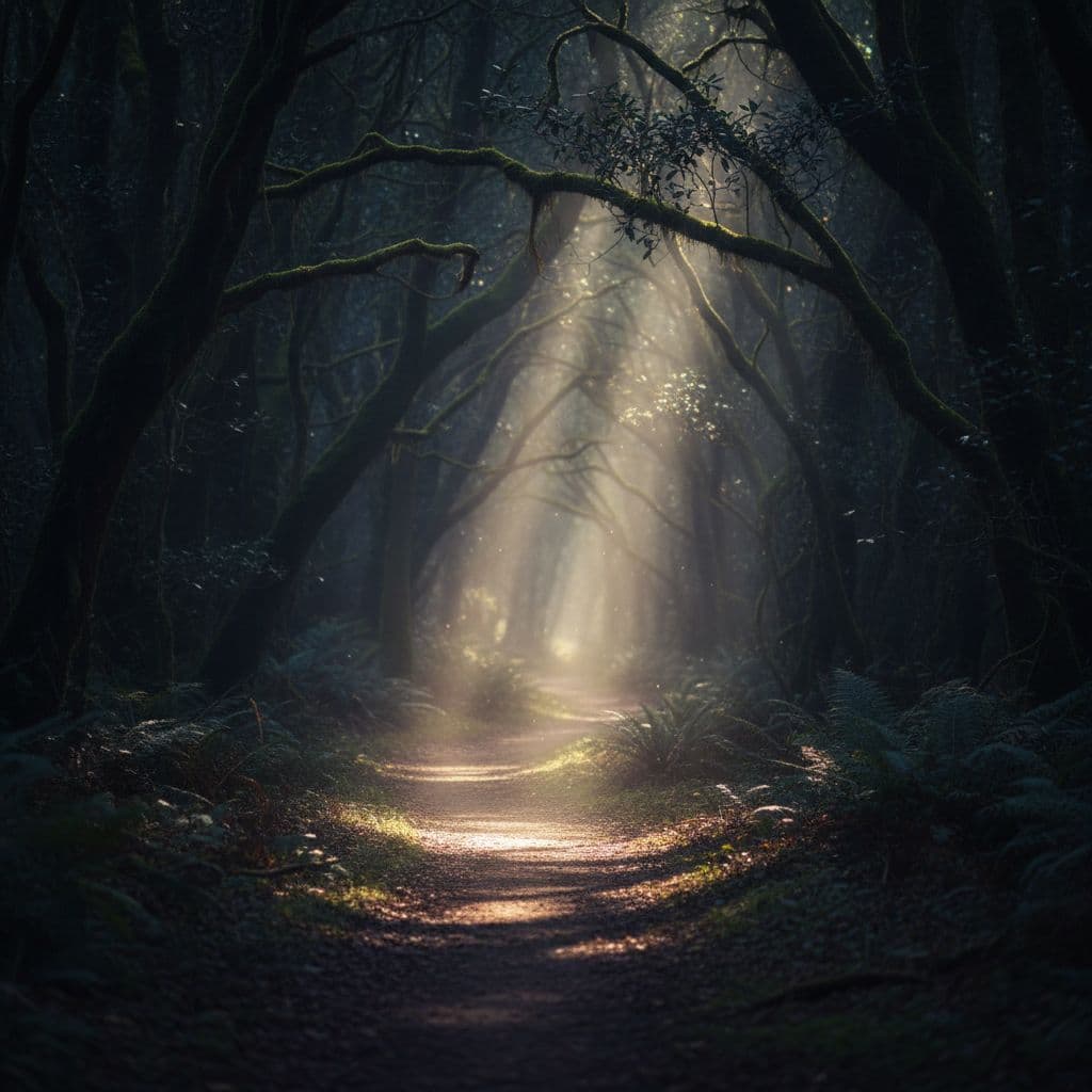 Glowing beams of soft light illuminate a narrow, winding dirt path through a dense, shadowy forest canopy. The contrast between the radiant light source and the dark surroundings creates deep mystery.