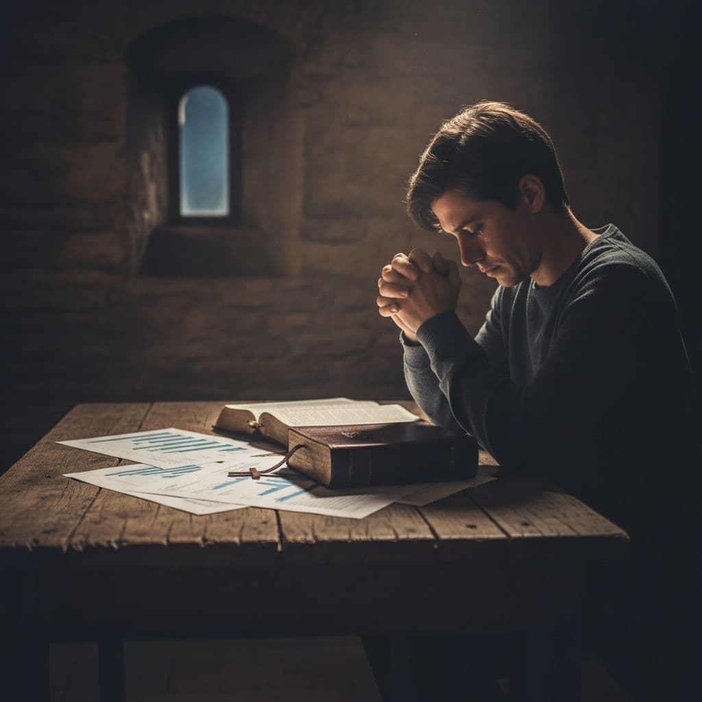 A person sits at a rustic wooden table illuminated by dramatic low light. Scattered financial documents and an open Bible lie before them, suggesting a moment of quiet seeking and reflection.