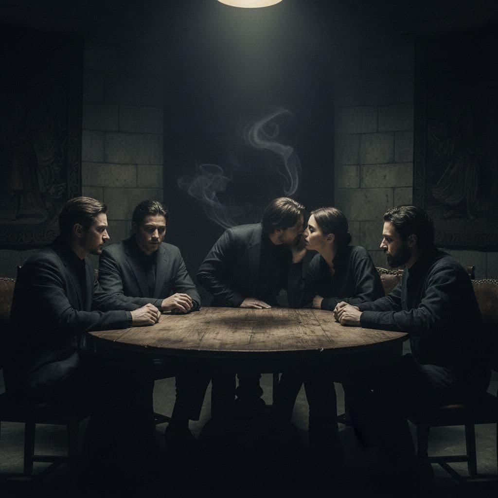 A group of people sits in dim lighting as one person whispers intensely to another.