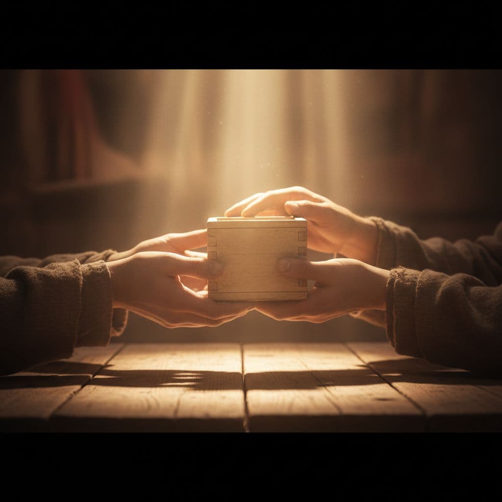 Two hands hold a simple wooden box illuminated by a warm beam of light.