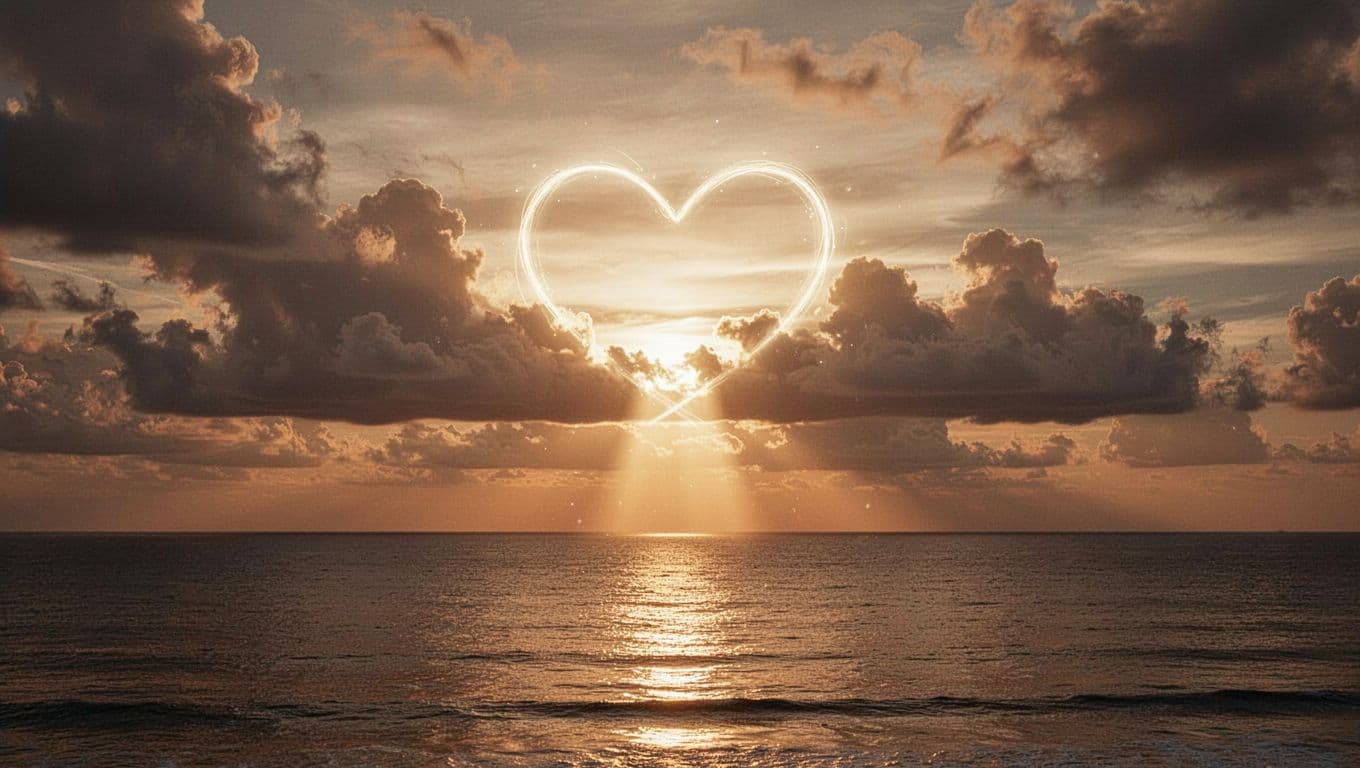 Glowing heart-shaped light beam pierces dramatic clouds over serene ocean at sunrise.
