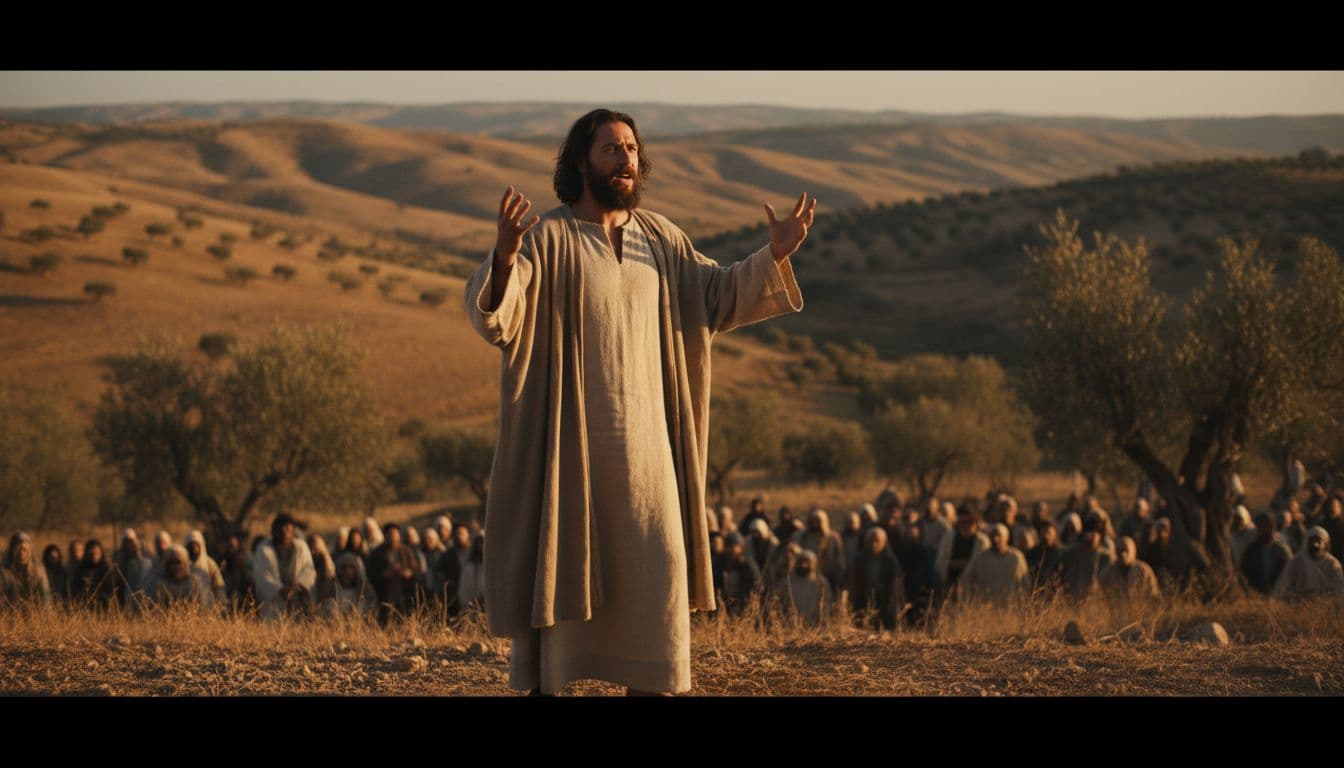 Rabbi resembling Jesus gestures with raised hands to blurred crowd from dusty Judean hillside at golden hour.