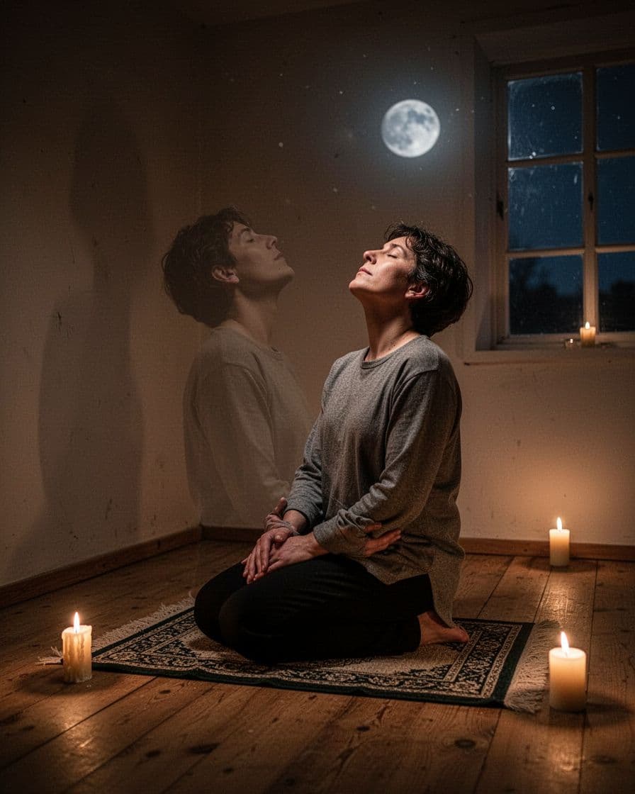 Person kneels on prayer rug in softly lit room at night, hands clasped in lap, face uplifted with eyes closed.