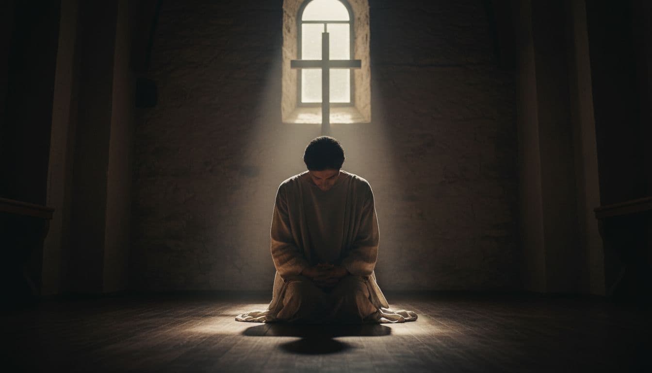 Person kneels on wooden floor in dimly lit chapel, head bowed, hands clasped, light from high window casting shadows, wooden cross on wall.