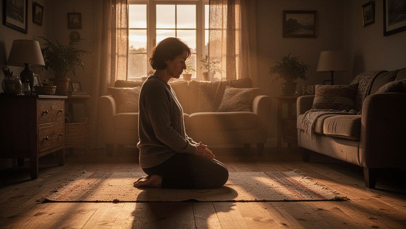 One person kneels on prayer rug in living room at dawn, hands folded in lap, warm light from window casts long shadows.