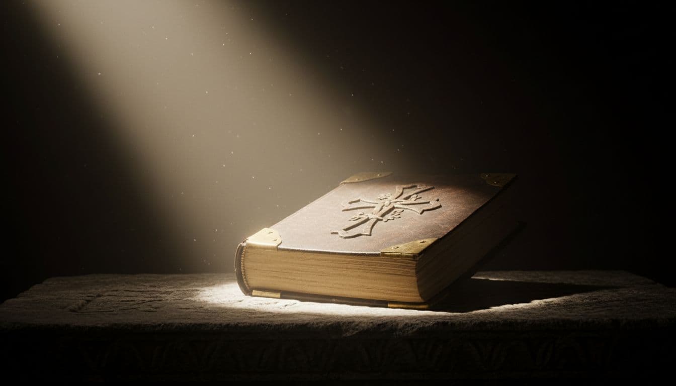 A focused beam of light shines on an aged, leather-bound book against a dark, moody background.