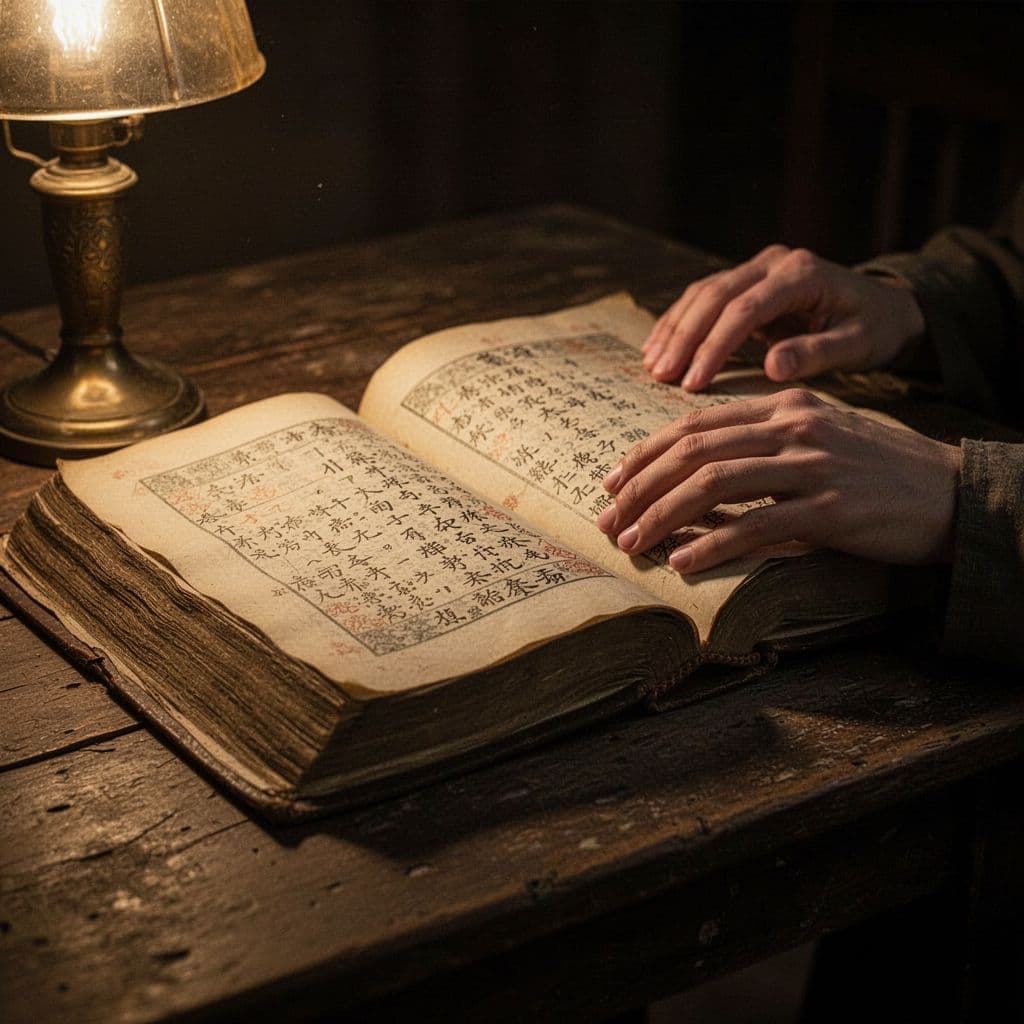 Close-up of open Bible on wooden table in warm lamplight, highlighted pages with resting hand nearby and faint glow against dark edges.