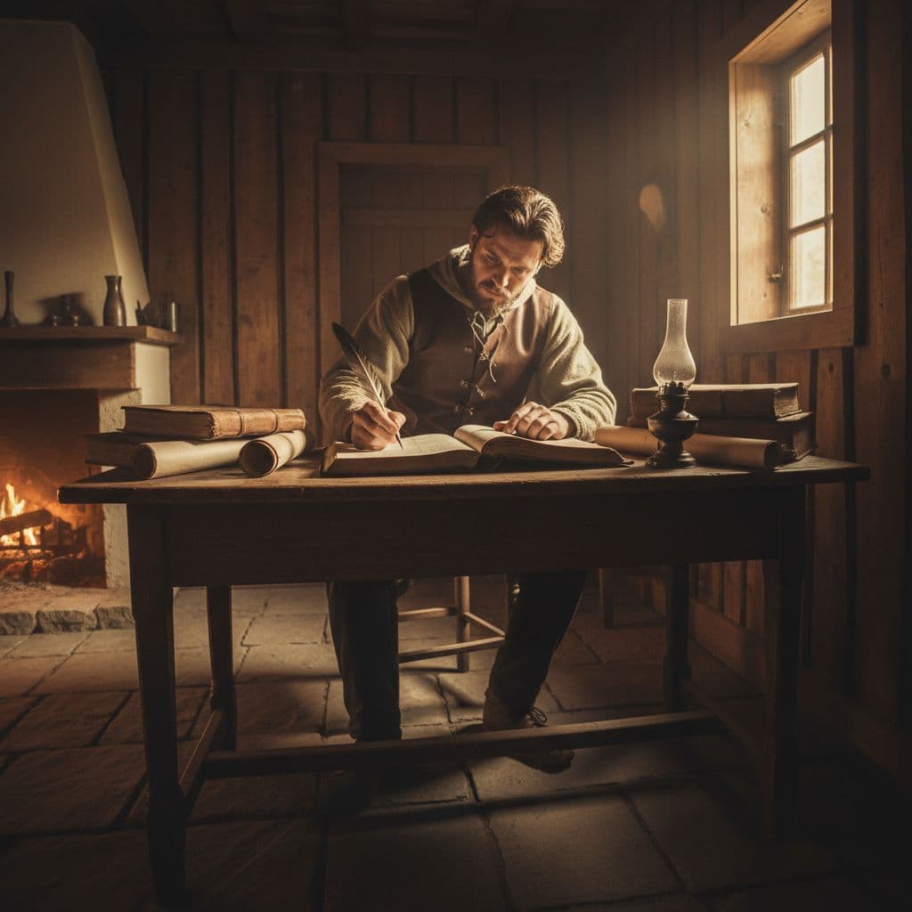 A focused person sits at a wooden desk writing in a ledger under dramatic lighting.