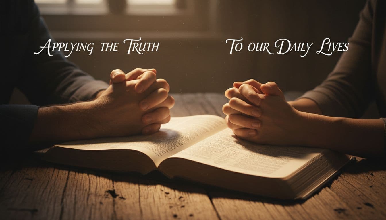 Two pairs of hands rest gently on the blank parchment of an open Bible placed upon a rustic timber surface. Warm, directional light creates a serene atmosphere of prayer and reflection.