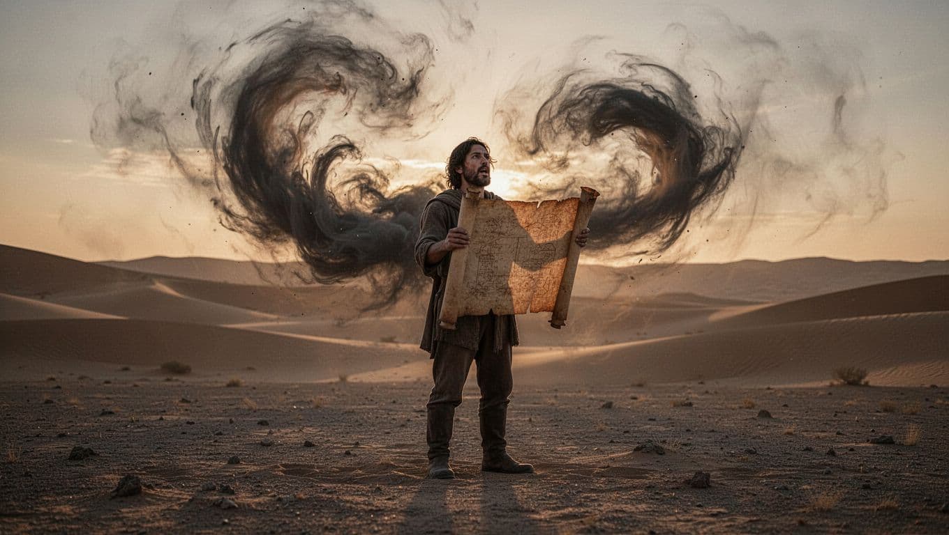 Solitary figure stands in barren desert at dawn, holding open ancient scroll against swirling dark winds.