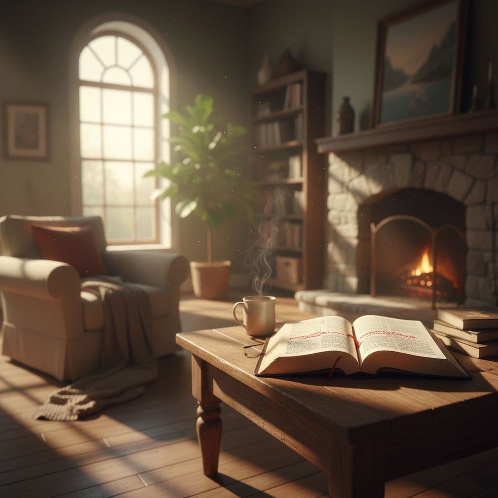 An open Bible rests on a wooden table in a living room filled with warm afternoon sunlight.