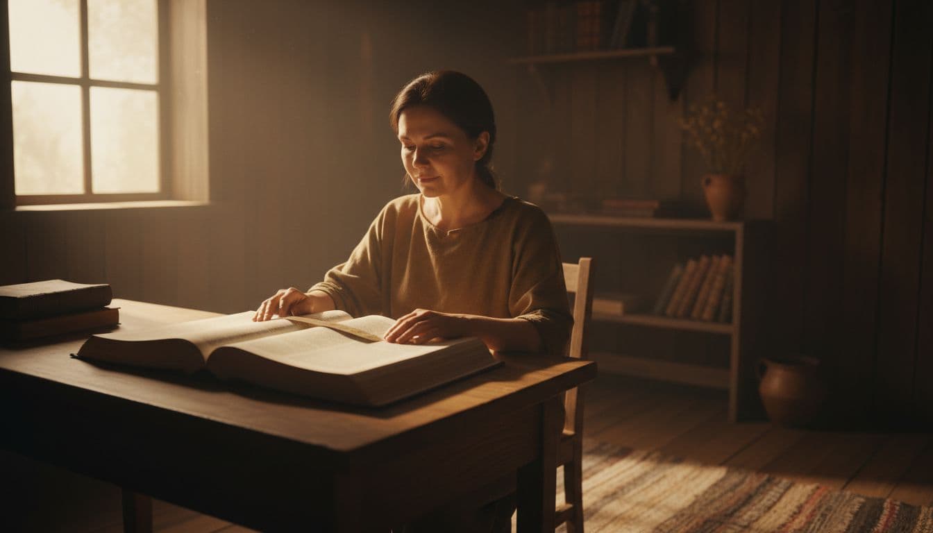 A calm individual sits at a wooden desk, deeply engaged with an open, large-print Bible. Soft, warm light illuminates the pages from one side, casting gentle shadows across the dimly lit room.