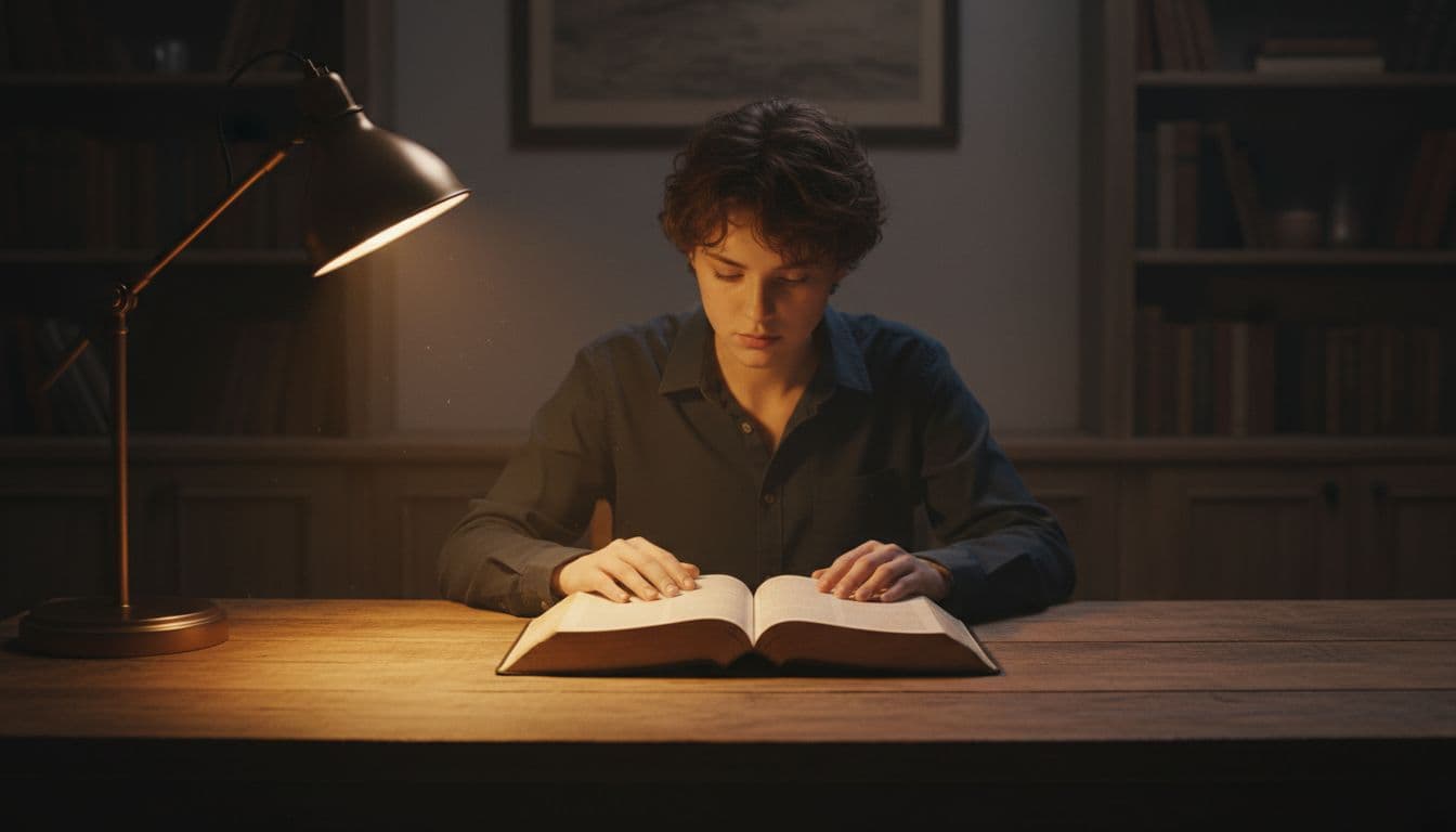 Person sits at wooden desk with open Bible centered, hands on pages, gazing thoughtfully under warm lamp light.