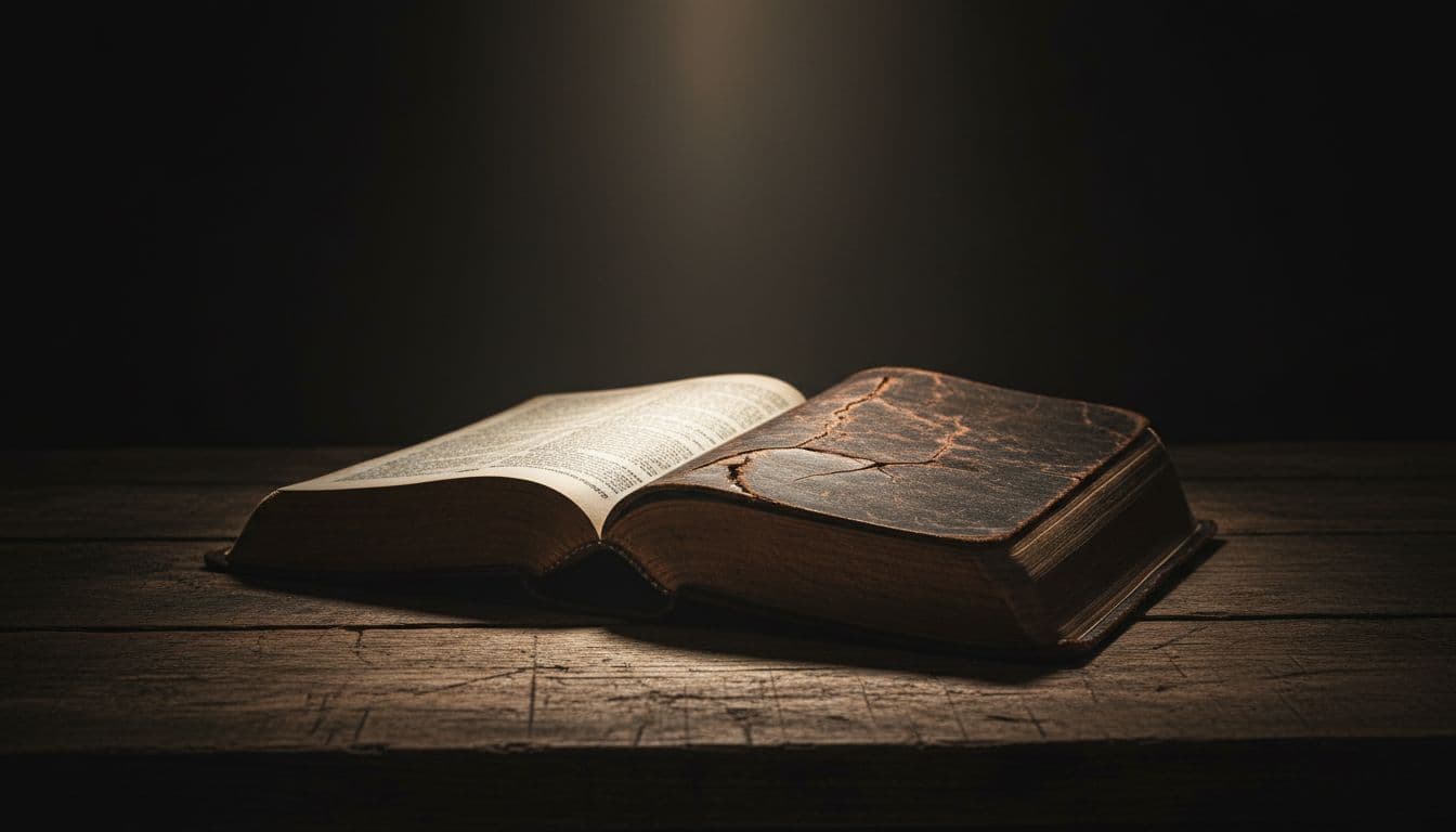 An open, aged leather Bible sits on a rough wooden surface under focused, dramatic lighting.