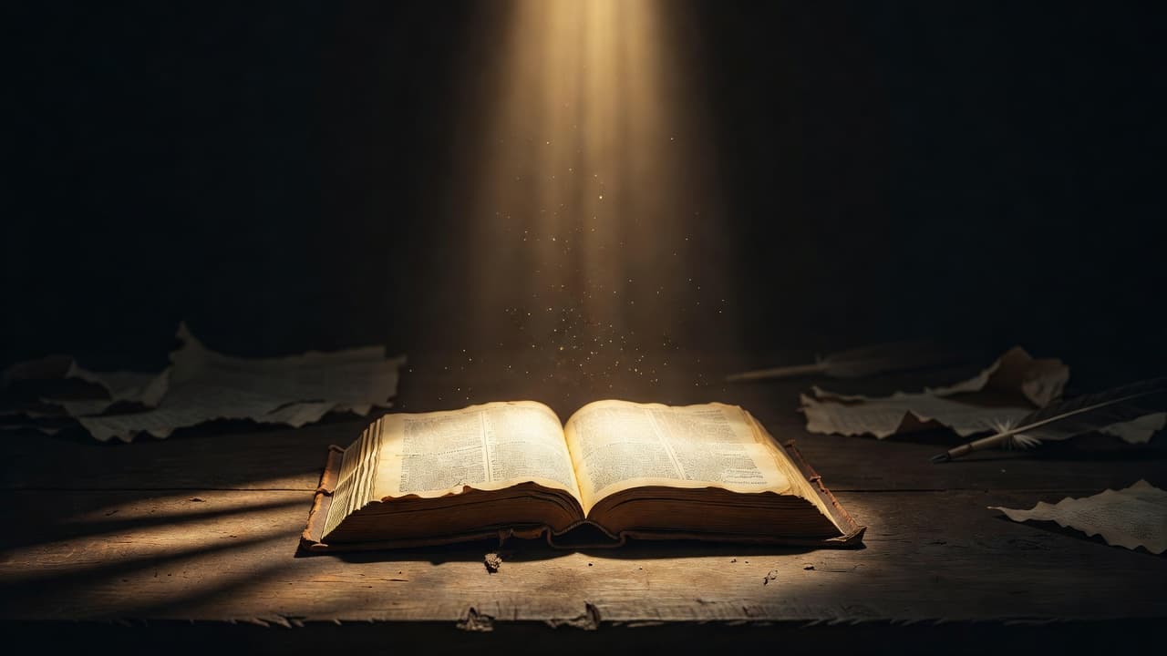 An aged, open Bible rests upon a dark, weathered wooden tabletop. A singular, warm beam of light descends from above, highlighting the texture of the parchment against a deep, shadowed background.