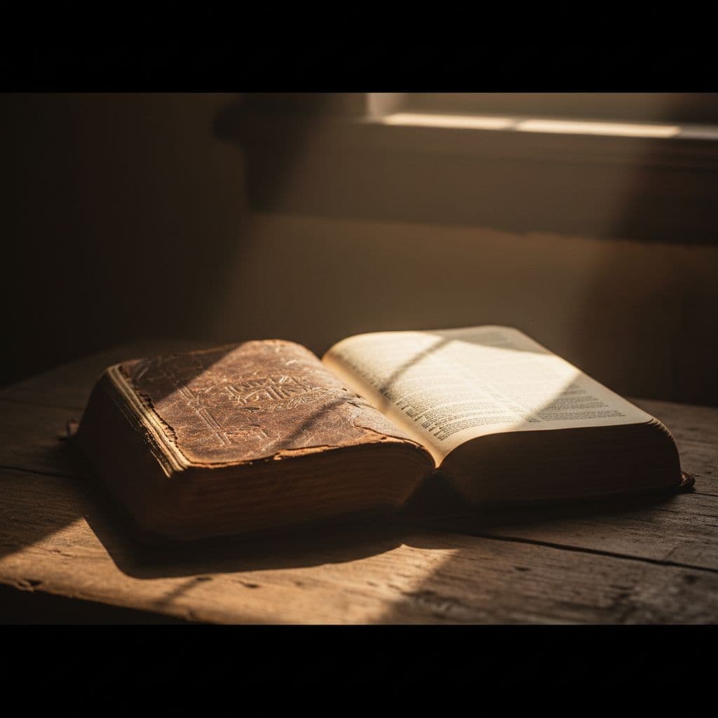 An open leather-bound Bible rests on a textured wooden surface, illuminated by a gentle, focused light source. The warm glow highlights delicate paper textures, evoking a sense of timeless historical significance.