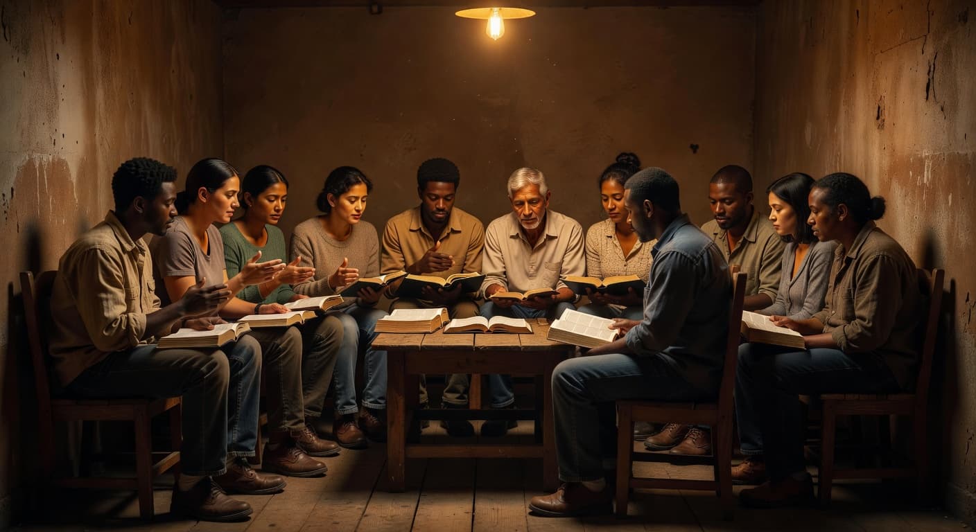 A diverse group of people sits in a circle within a warmly lit room, leaning into an intimate conversation. Deep shadows emphasize their focused expressions and intentional engagement with each other.