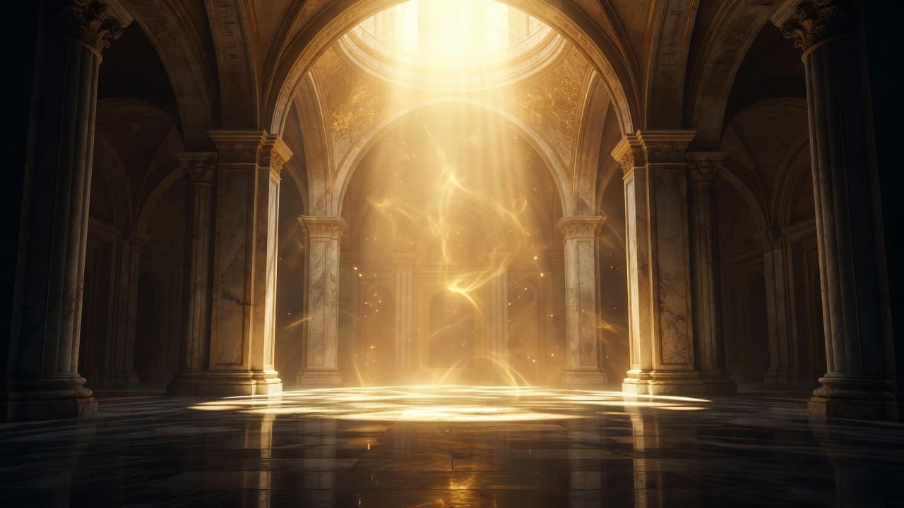 Warm golden beams of light descend into a serene, empty sanctuary, casting long shadows across the floor. This cinematic scene evokes a profound sense of spiritual protection and eternal grace.
