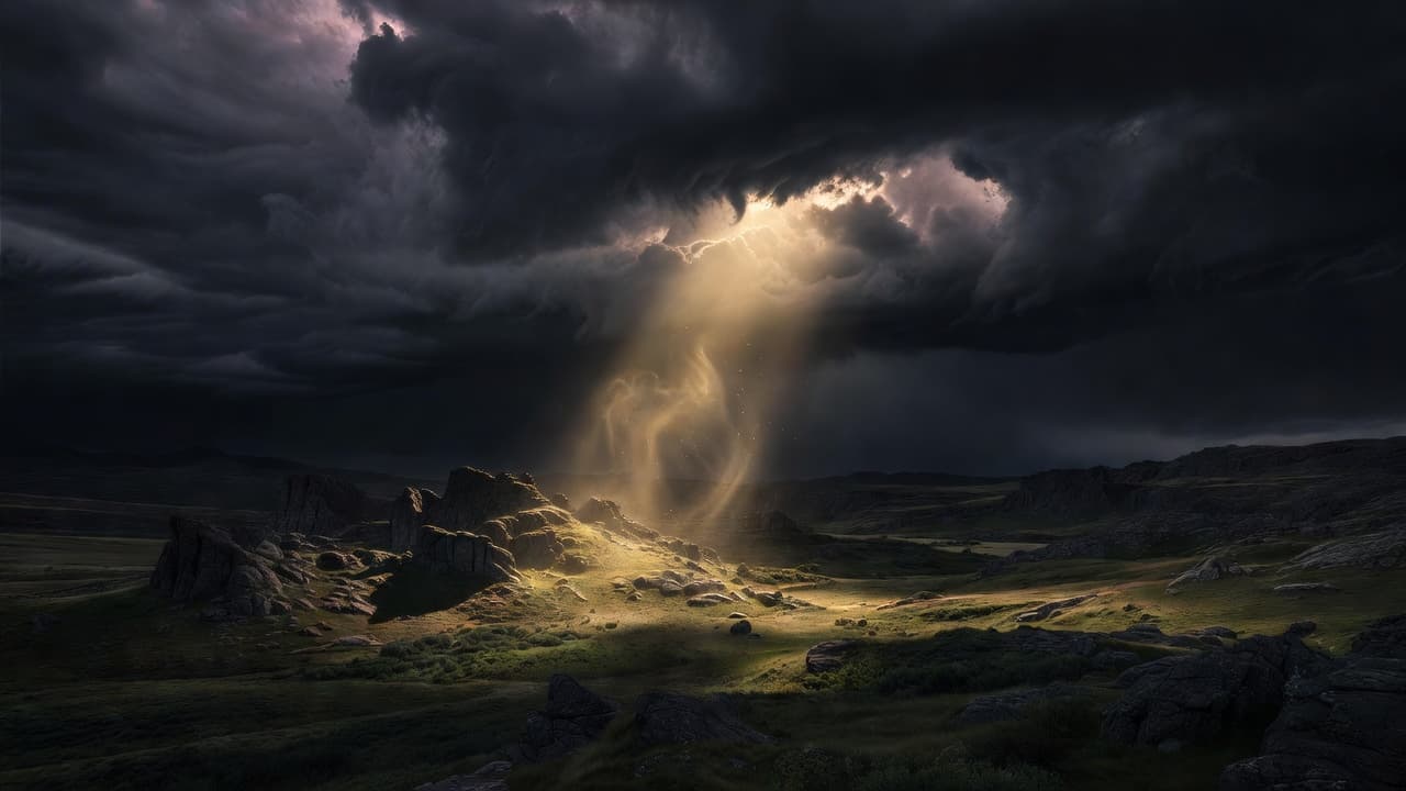 A single, intense ray of golden sunlight pierces through heavy, dark storm clouds to illuminate a rugged landscape below. The surrounding terrain remains shrouded in deep, dramatic shadows and high contrast.