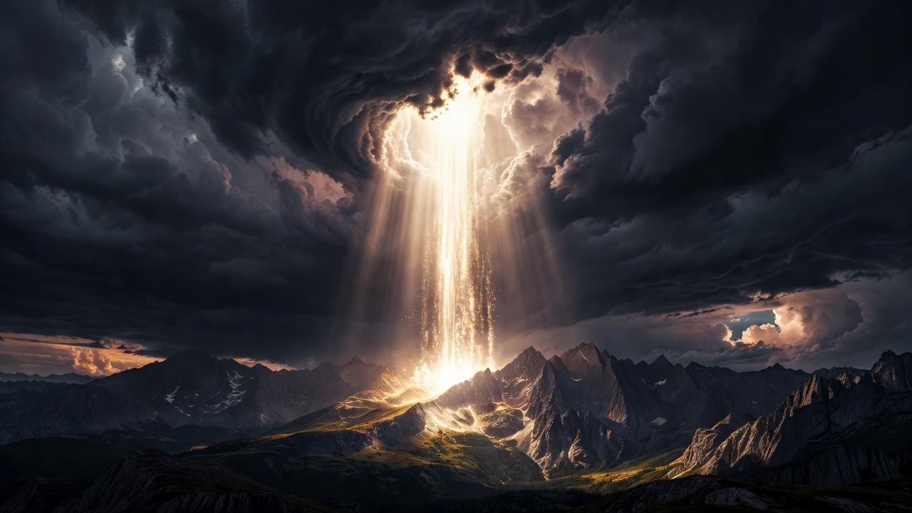Bright beams of ethereal light penetrate dark, heavy storm clouds above a serene mountain range. The stark contrast between the deep valley shadows and golden peaks highlights a powerful divine atmosphere.