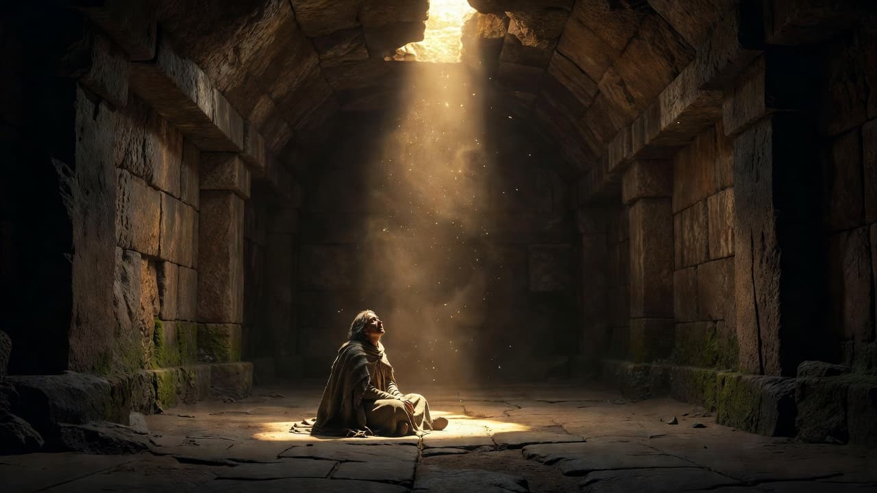 A solitary individual sits motionless on the cold floor of a dark, weathered stone room. A single, intense beam of light descends from a high aperture, illuminating the dust-filled air.