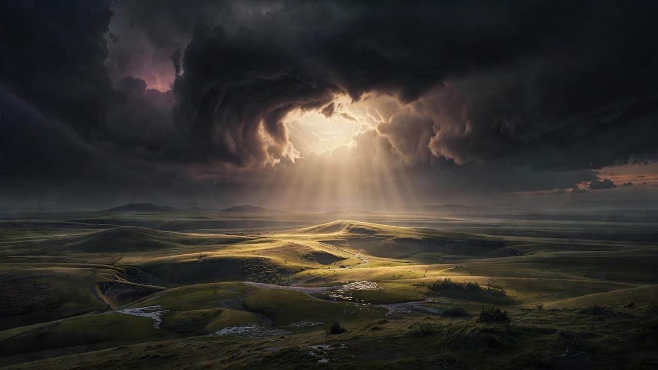 A radiant shaft of warm sunlight descends through dense, stormy clouds, illuminating the rugged terrain below. The stark contrast between the heavy shadows and glowing horizon creates a powerful atmospheric scene.