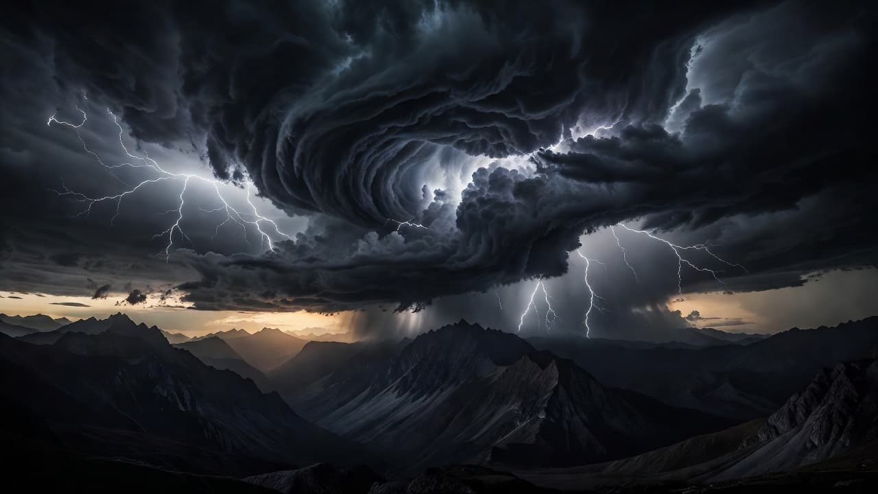 Jagged mountain silhouettes stand against a darkened horizon as intense lightning illuminates thick, swirling storm clouds. Deep shadows envelop the base of the peaks while ethereal light glows behind the heavy mist.
