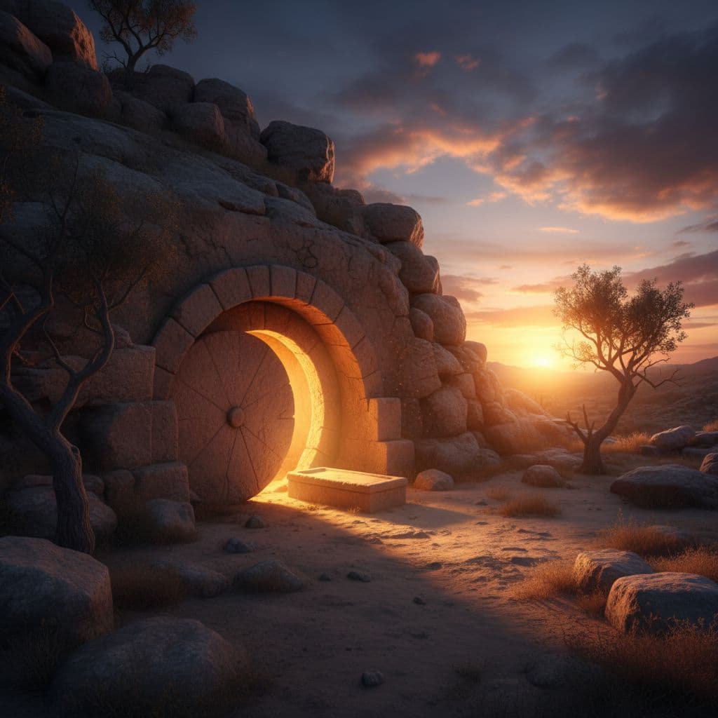 The golden morning sun casts a radiant glow from the interior of an open stone burial chamber. Long, dark shadows stretch across the rocky terrain surrounding the cavernous stone entrance.