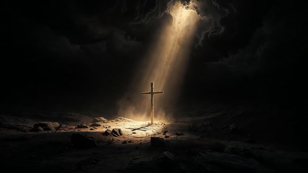 A singular, weathered wooden cross stands centered within a barren landscape. A solitary, warm golden beam of light cuts through intense surrounding shadows, illuminating the grain of the weathered wood.