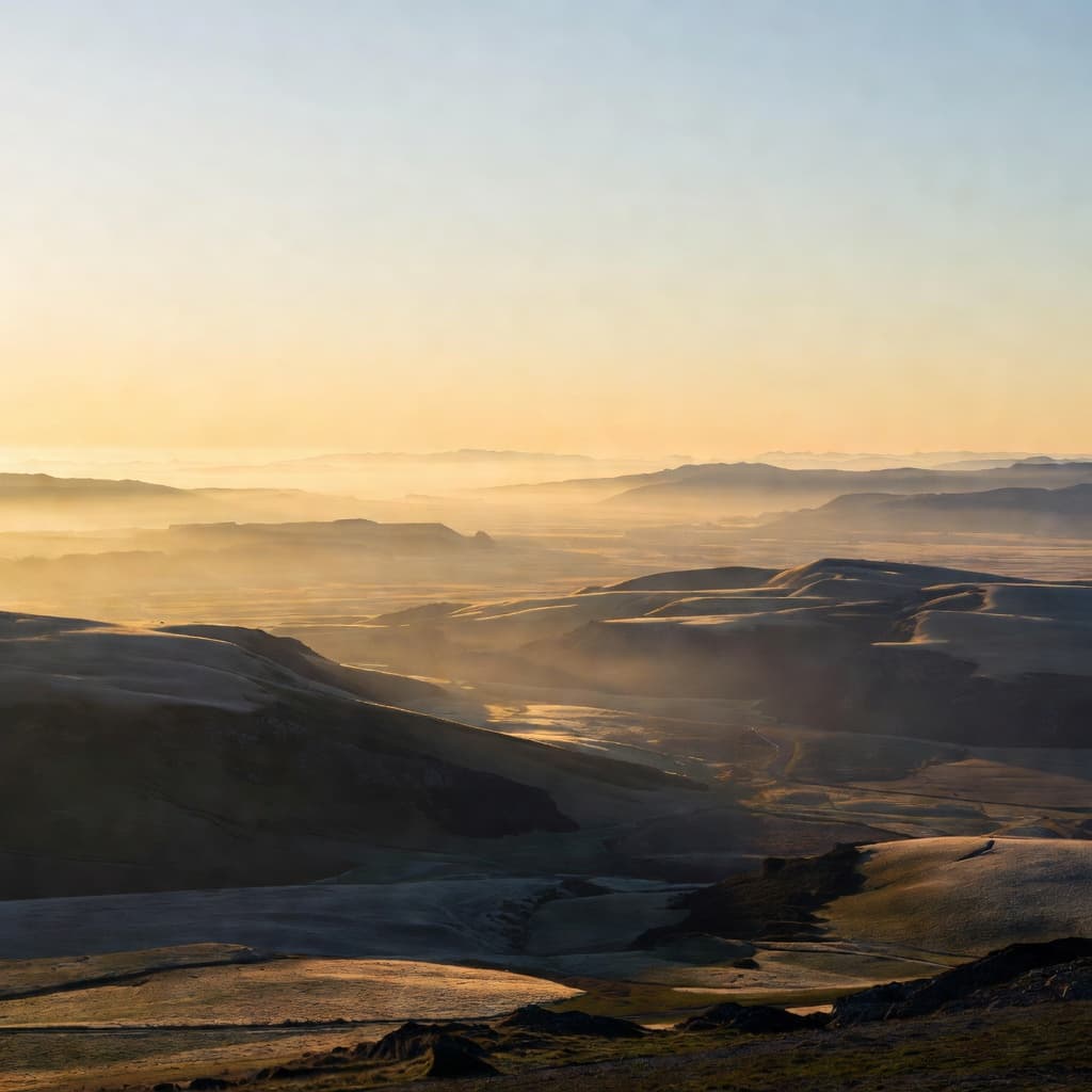 A radiant sun rises over a vast, ethereal horizon, casting warm amber light across rolling misty plains. Distant mountains fade into the atmosphere, creating a deep sense of tranquil expectation.