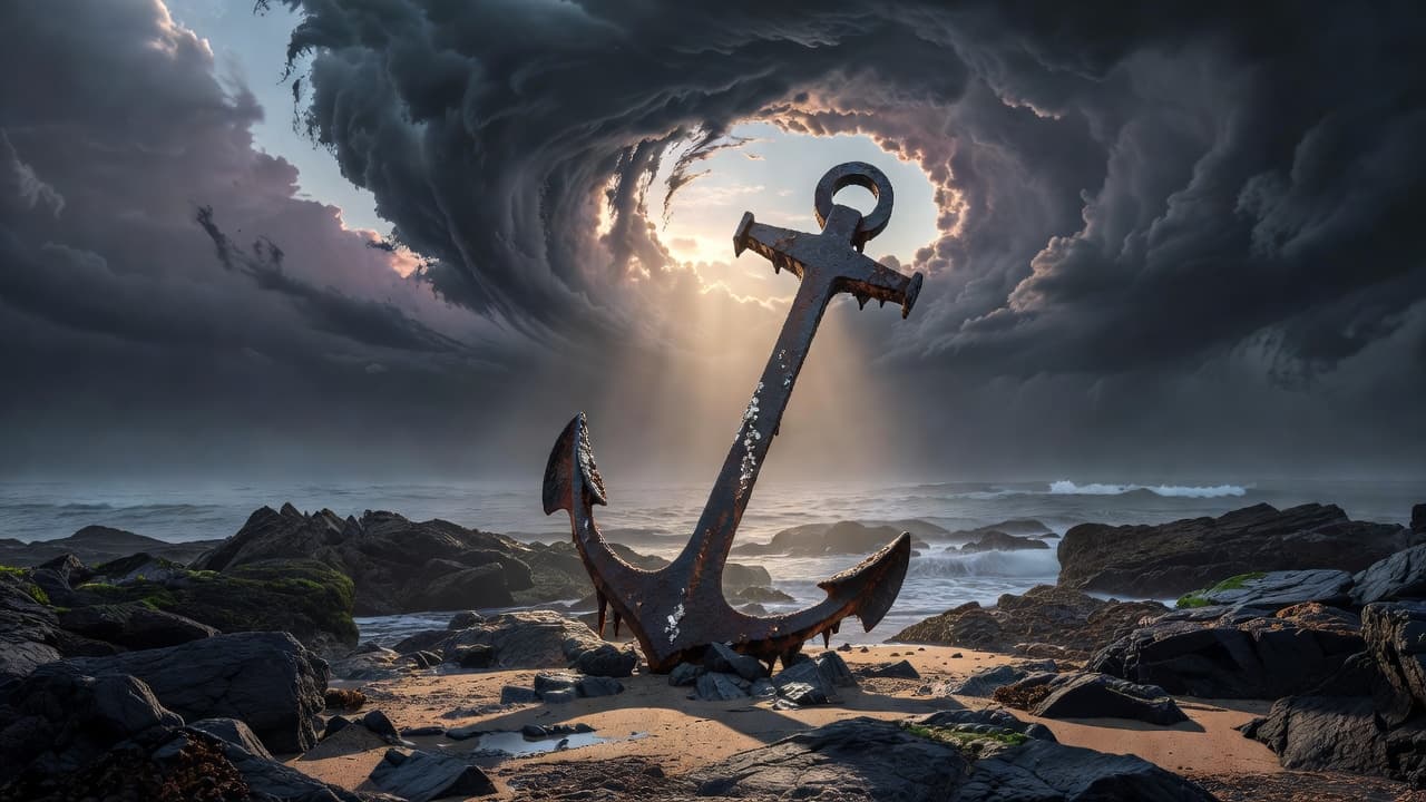 A rusted iron anchor rests firmly on the jagged rocky coastline. Above, dark storm clouds part as a brilliant shaft of golden sunlight illuminates the anchor against the turbulent, moody backdrop.