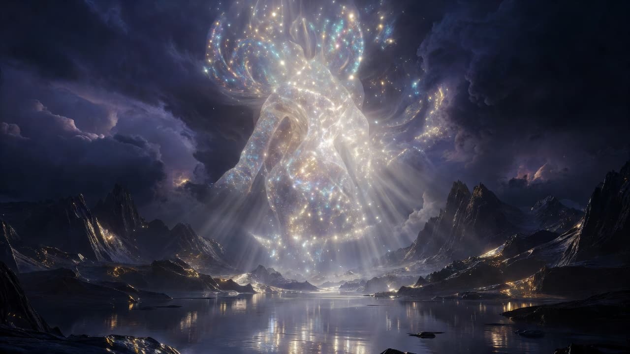 A brilliant, golden luminescence emerges from a central point, casting soft shadows against an ethereal backdrop. Swirling clouds of light create a profound sense of sacred space and spiritual purity.