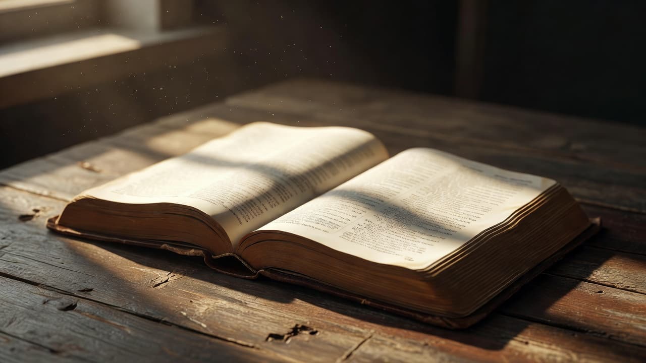 An open book lies flat on a weathered timber surface while warm sunbeams illuminate the pages from the side. Deep shadows contrast with the radiant glow to create a peaceful atmosphere.