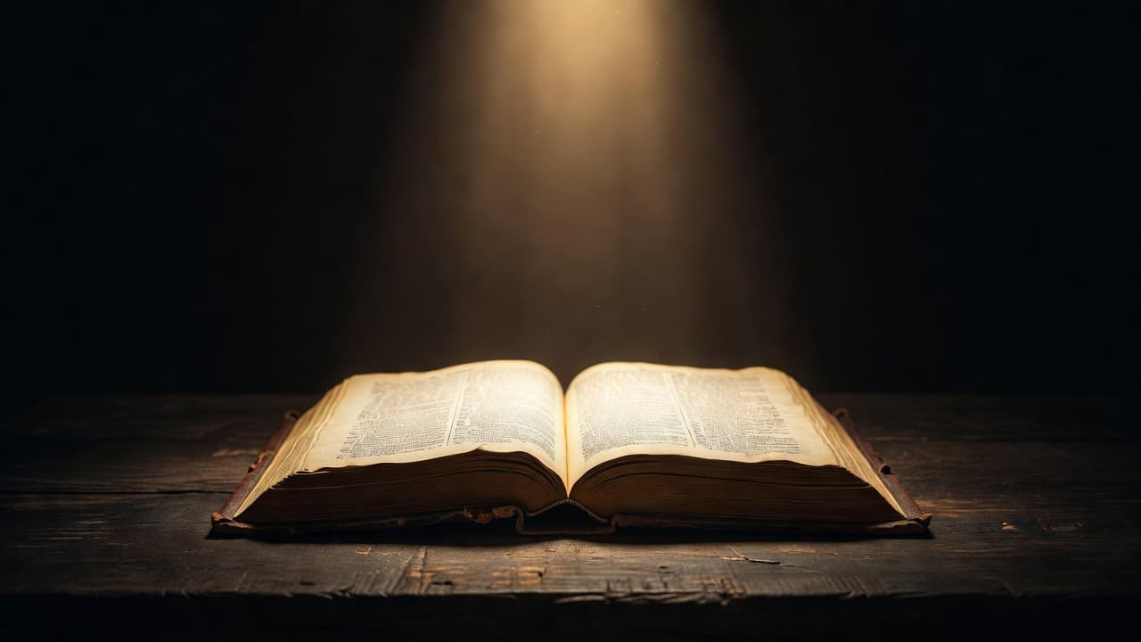 An open leather-bound Bible rests on a dark wooden table. A concentrated warm beam of light strikes the pages from above, casting heavy shadows across the surrounding rustic stone background environment.