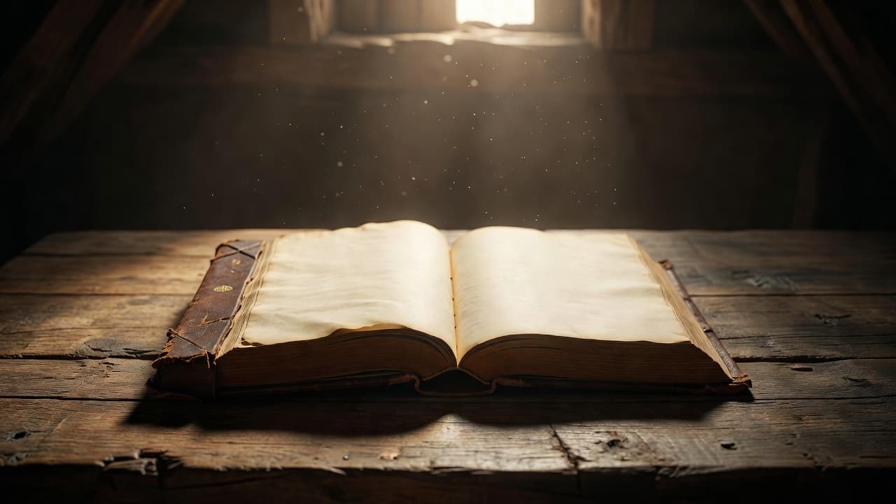 An open leather-bound Bible rests on a weathered wooden surface, illuminated by a sharp, divine light from above. Deep, dramatic shadows define the textures of the aged pages and table grain.