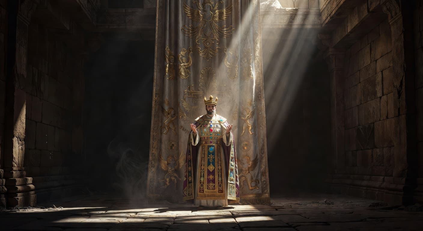 A robed priest stands before a heavy, intricately embroidered veil inside a stone temple. Shafts of dramatic light descend from the shadows above, highlighting the solemnity of the sacred sacrificial space.