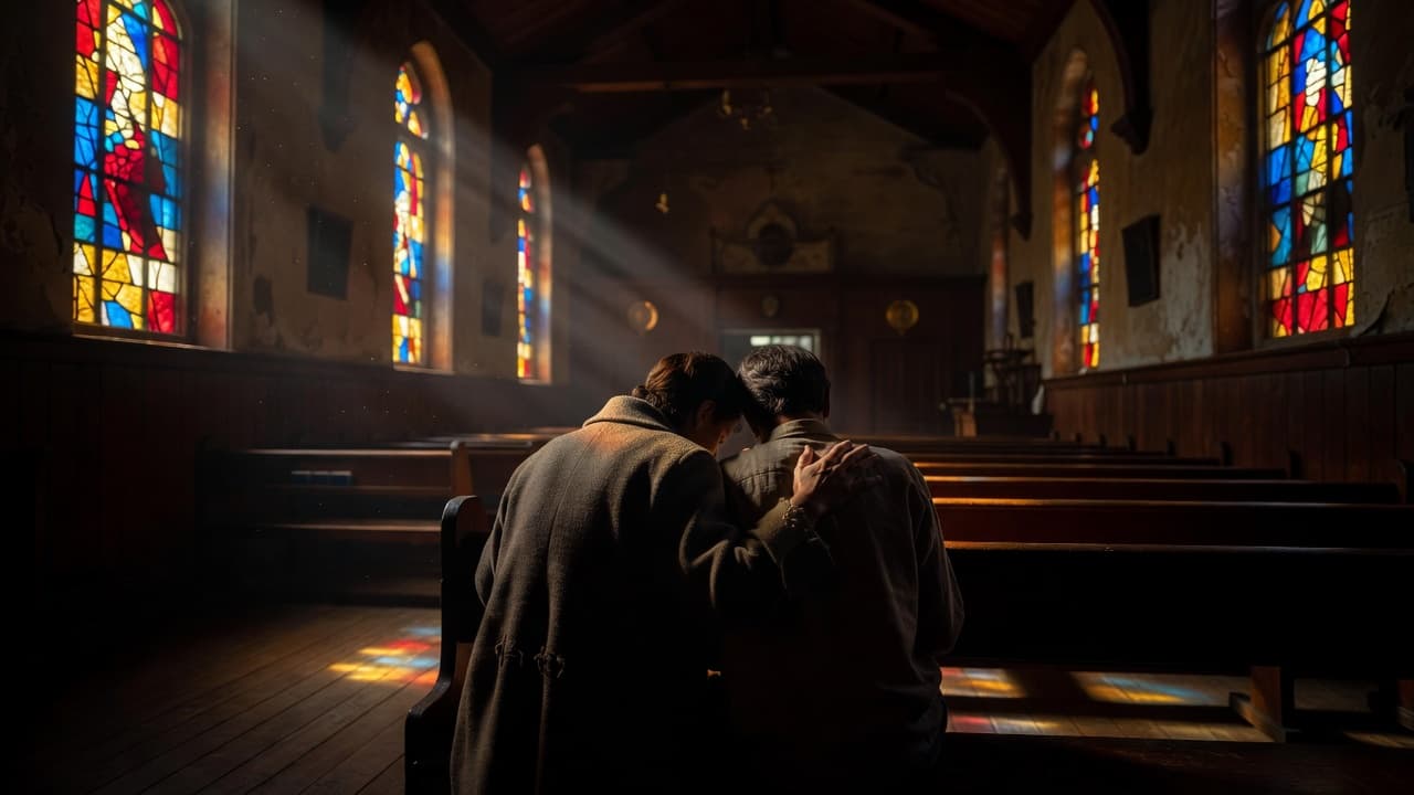 Two individuals sit quietly inside a rustic wooden church pew as warm sunlight filters through stained glass windows. One person rests a hand on the other's shoulder amidst deep, soft shadows.