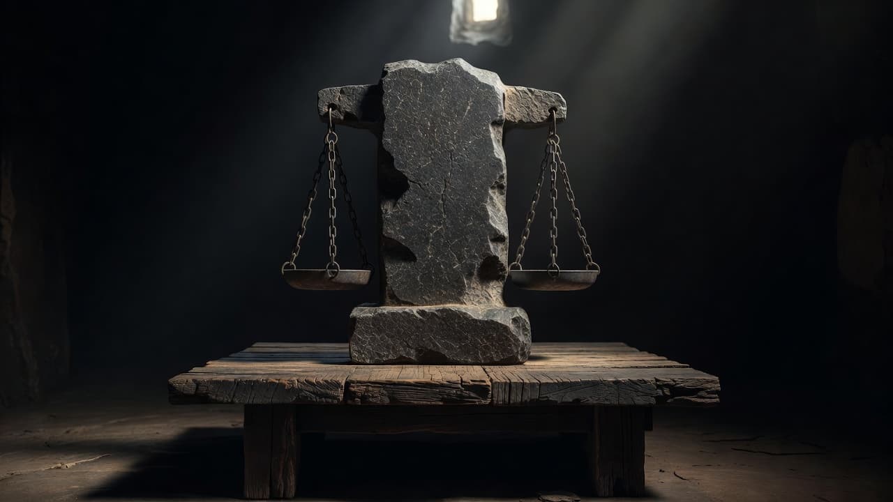 A heavy stone balance scale sits centered on a weathered wooden table under dramatic, high-contrast lighting. Deep shadows frame the textured rock surfaces, evoking a sense of solemn, eternal weight.