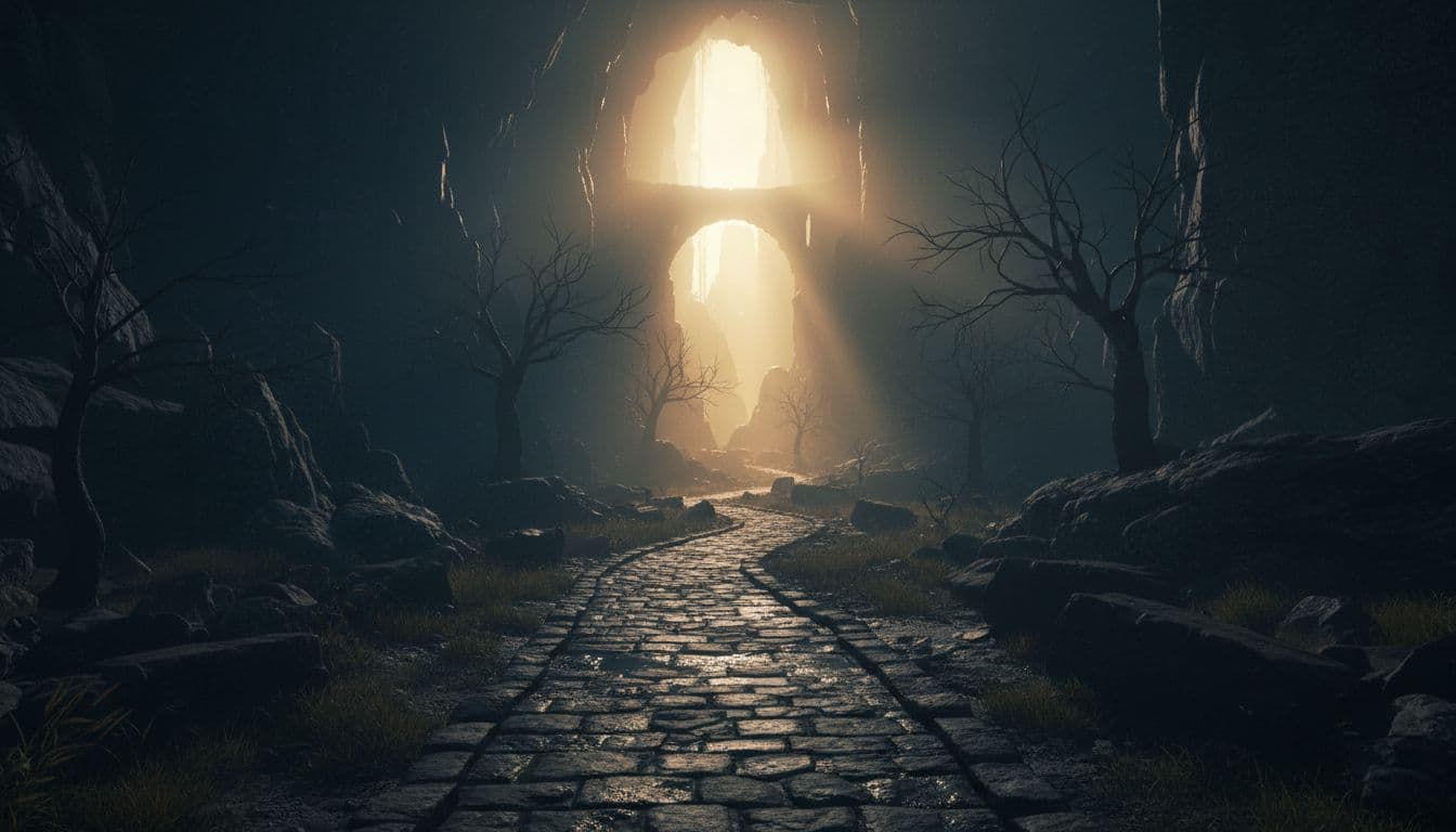 A rugged stone path winds through a shadowed landscape, leading the eye toward an intense, glowing light in the distance. The dark, atmospheric environment contrasts sharply with the radiant, heavenly focal point.