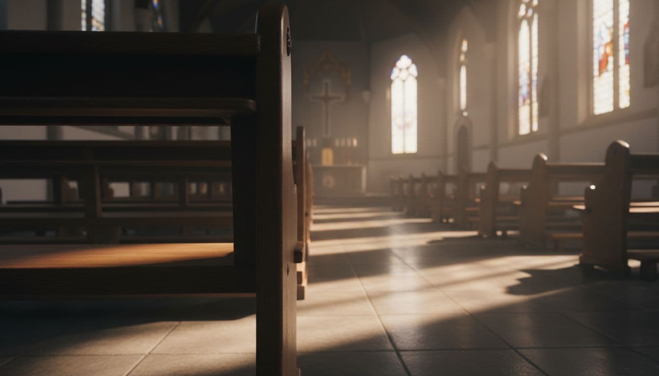 A solitary wooden pew sits bathed in dramatic golden sunlight within a quiet sanctuary. Deep shadows surround the area, emphasizing the contrast and the serene, reflective nature of the interior space.