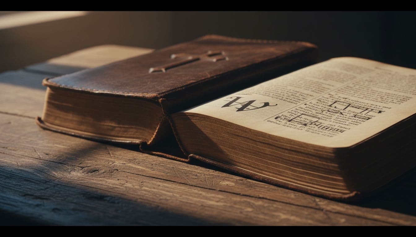 An open antique Bible with worn pages rests on a dark wooden surface. Side lighting creates dramatic shadows across the textured paper, emphasizing the deep historical weight of the holy scriptures.
