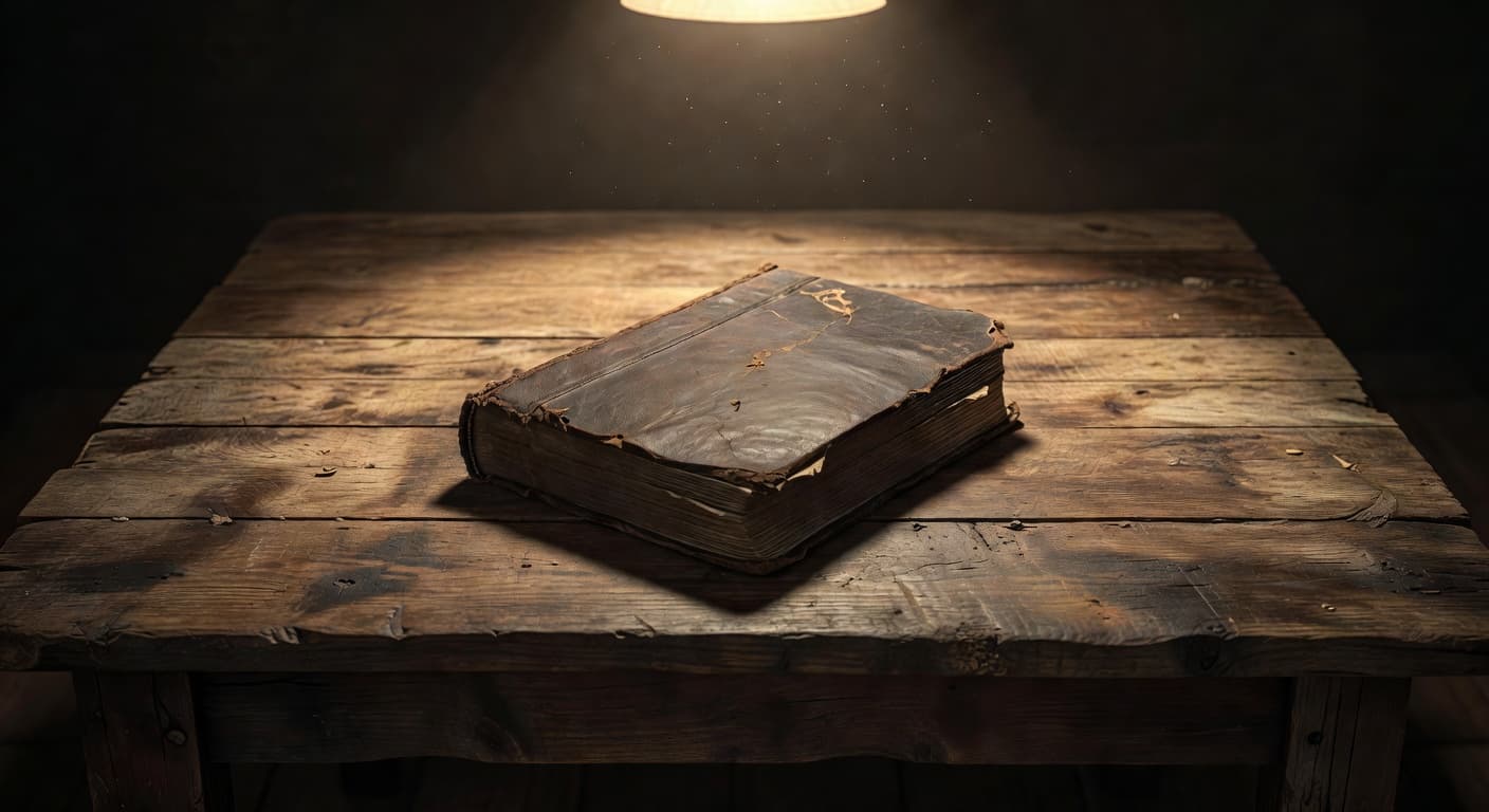A weathered, antique Bible with dark leather covers rests on a rough-hewn wooden surface. A single beam of warm, focused light illuminates the texture of the grain and gold-edged pages.