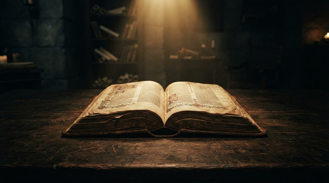 An open ancient book illuminated by a beam of light on a dark wooden table.